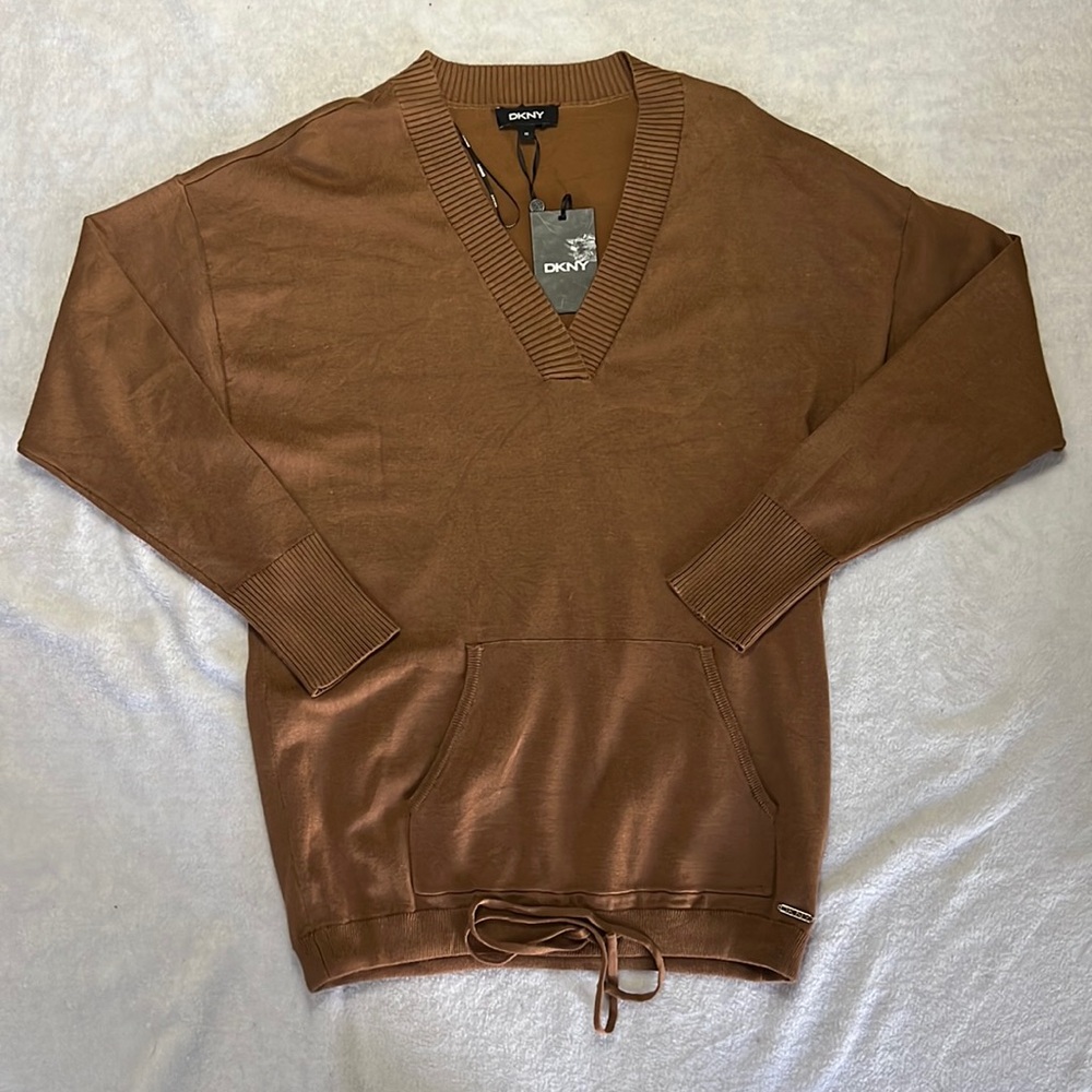 NWT DKNY tunic length sweater with drawstring waist chocolate brown in color